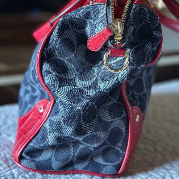 COACH Mickie Satchel in blue denim jacquard with red trim. - Picture 3 of 12